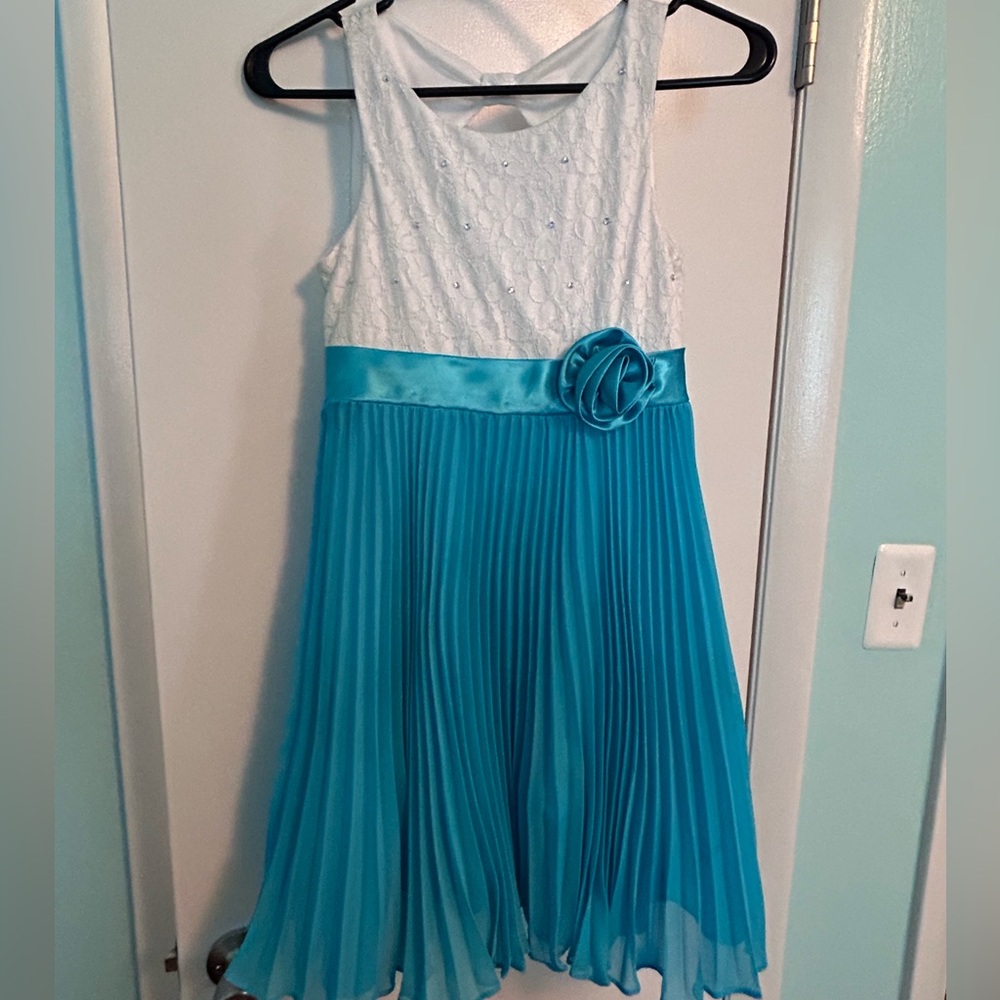 Emily West little girls teal and white party dress, size 10